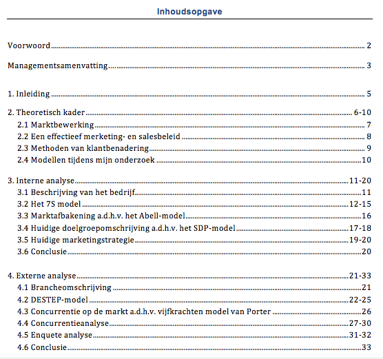 Inhoudsopgave strategisch marketingplan