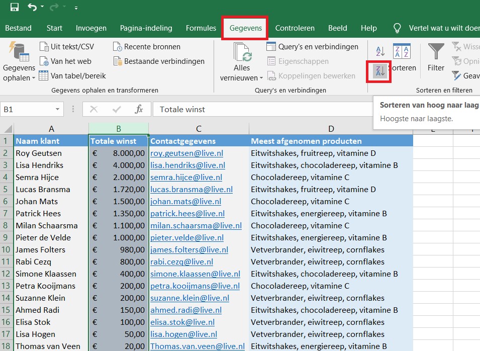 klanten filteren in Excel